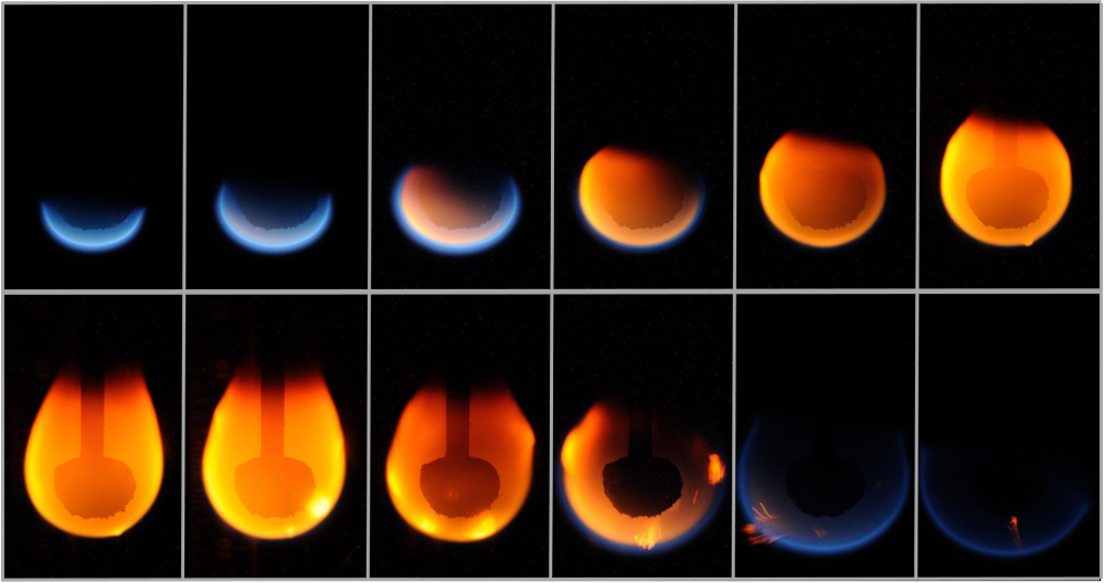 A grid of twelve images showing the ignition, growth, and extinction of a flame around a central object.
