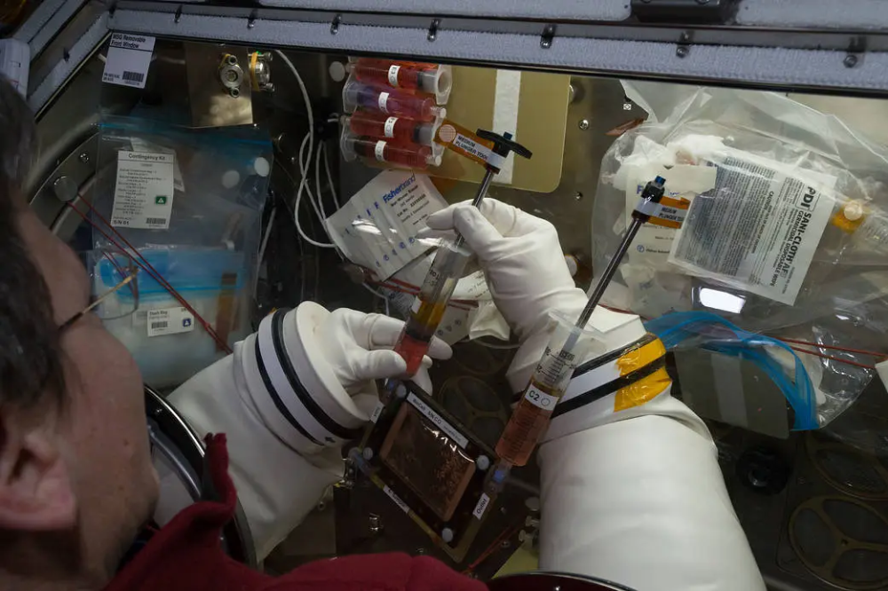 An astronaut wearing white gloves works inside a space station glovebox, using a syringe to transfer fluid between containers.