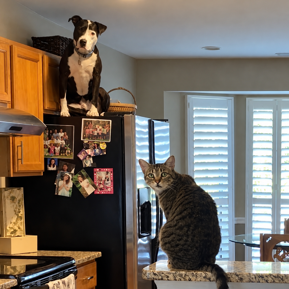 A black and white dog sits on top of a refrigerator, while a tabby cat sits on the adjacent kitchen counter.