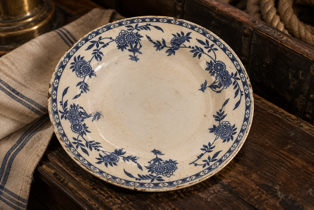 Antique ceramic plate with a blue floral pattern along the rim.