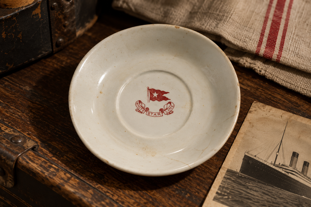 White ceramic saucer featuring a red White Star Line flag logo, displayed next to a vintage photograph of the RMS Titanic.