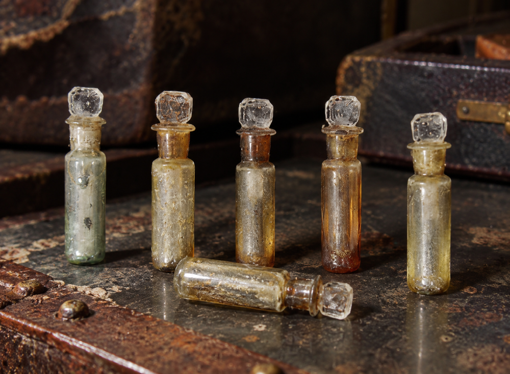 Five small, upright glass apothecary bottles with crystal-style stoppers, and one lying horizontally, arranged on a dark, weathered surface.
