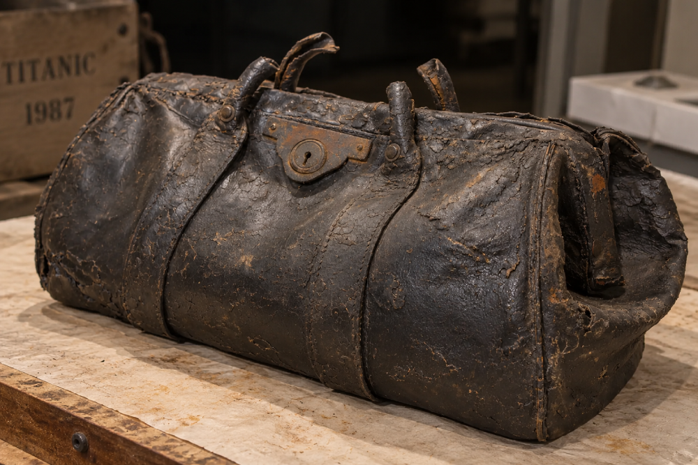 A weathered, vintage leather doctor’s bag with a central metal clasp and keyhole.