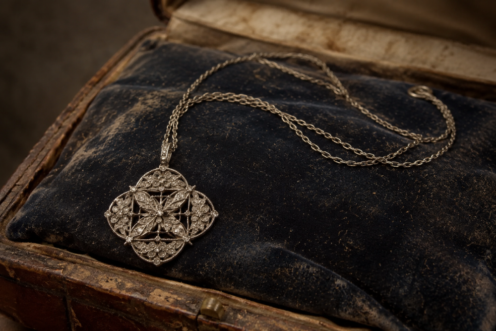 Diamond-set filigree pendant necklace resting on a blue velvet jewelry box cushion.