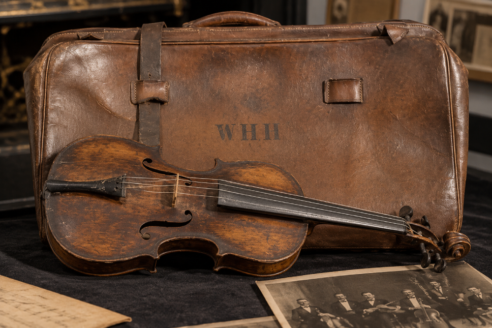 A worn wooden violin resting against a vintage leather suitcase embossed with the initials “WHH.”