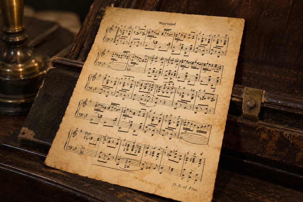 A vintage sheet of piano music titled “Starland” resting on a wooden music stand.