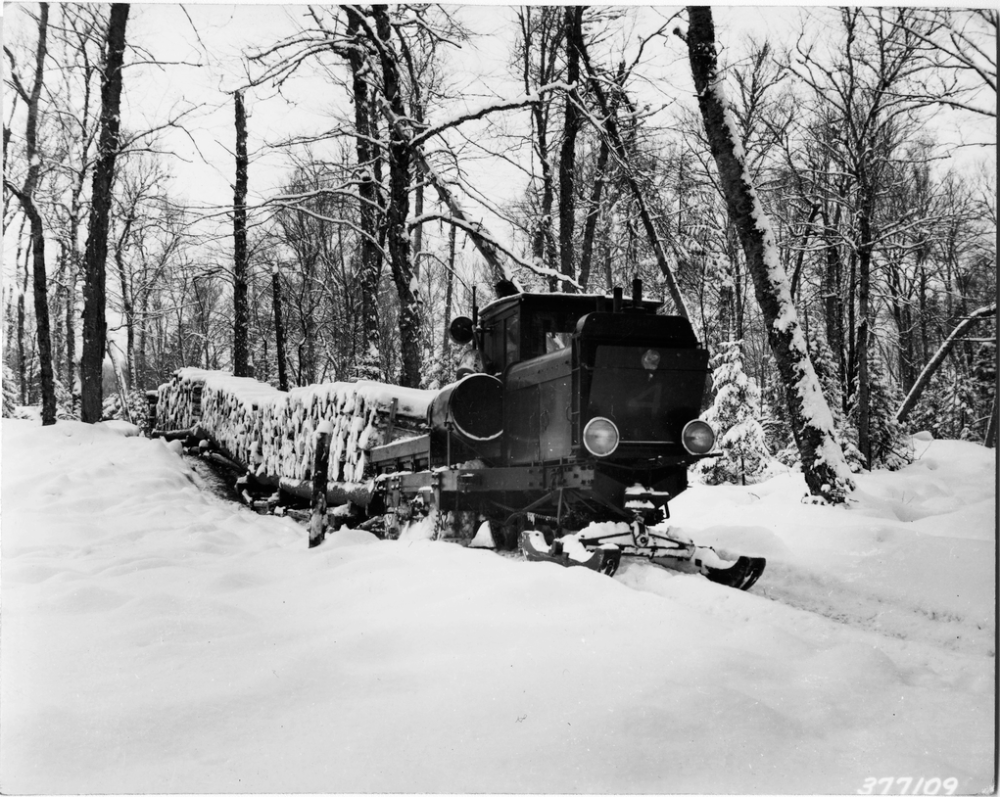 A snow-covered logging vehicle pulling a sled loaded with logs through a snowy forest.
