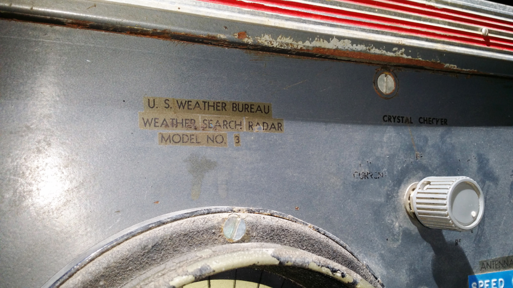 Control panel of a U.S. Weather Bureau weather search radar model 3, featuring a dial labeled “Crystal Checker.”