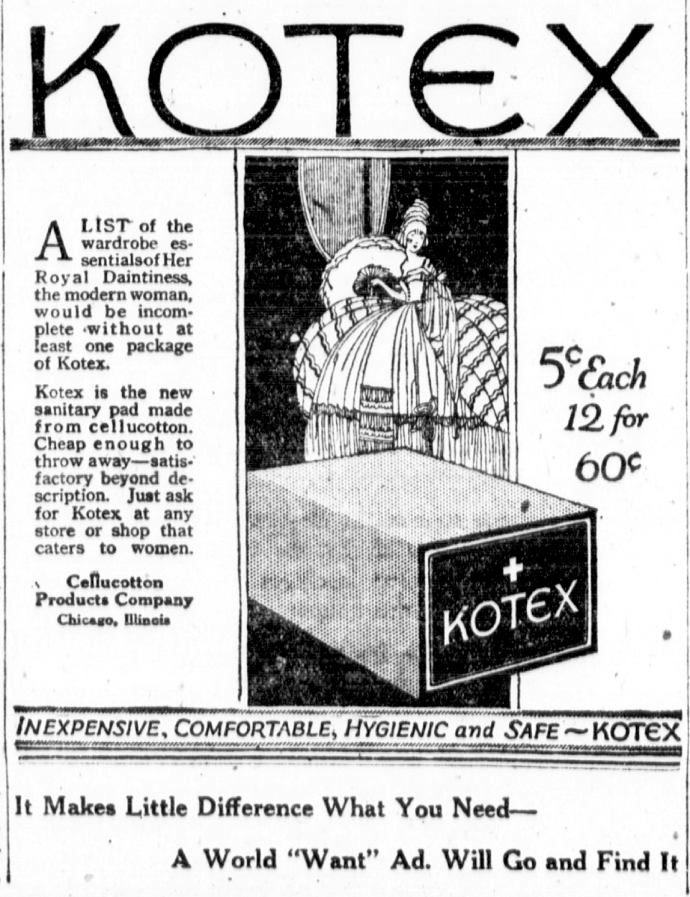 Vintage 1920s newspaper advertisement for Kotex sanitary pads, featuring a drawing of a woman in an elegant gown next to a product box, priced at five cents each or twelve for sixty cents.